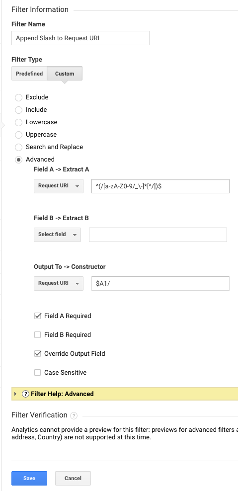 Screenshot of Append Slash to Request URI filter settings in Google Analytics.