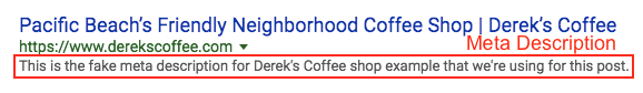 Screenshot of Derek's Coffee SERP with the meta description highlighted.