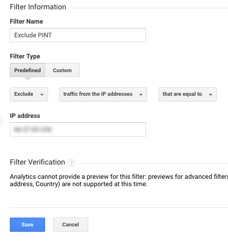 Screenshot of IP exclusion filter settings in Google Analytics.