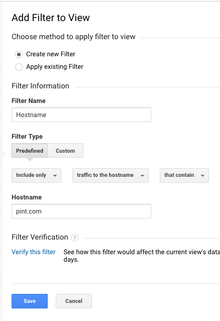 Screenshot of Hostname filter setup in Google Analytics.
