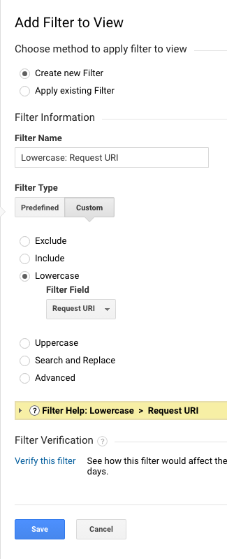 Screenshot of Lowercase Request URI filter settings in Google Analytics.