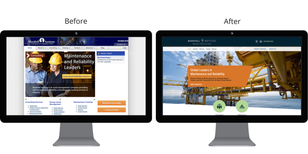 Before and after screenshots of the Marshall Institute homepage.