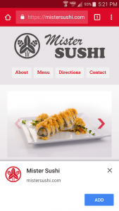 Screenshot of the Mister Sushi Progressive Web App on mobile with the "add" button.
