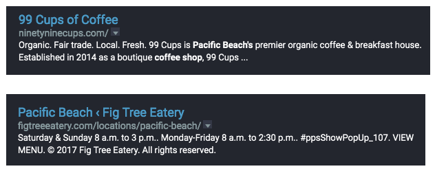 screenshot of 99 Cups and Fig Tree Eatery's serp listings.