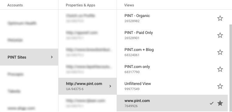 Screenshot of PINT's Google Analytics account, property, and views.
