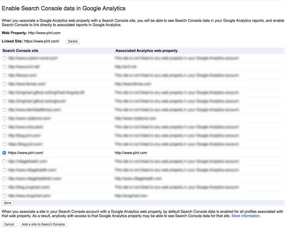 Screenshot of Google Analytics settings in Search Console.