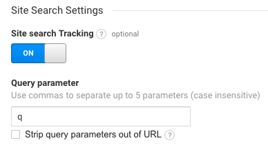 Screenshot of site search settings in Google Analytics