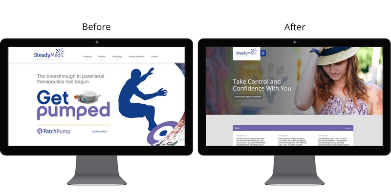 The SteadyMed homepage before and after the redesign.