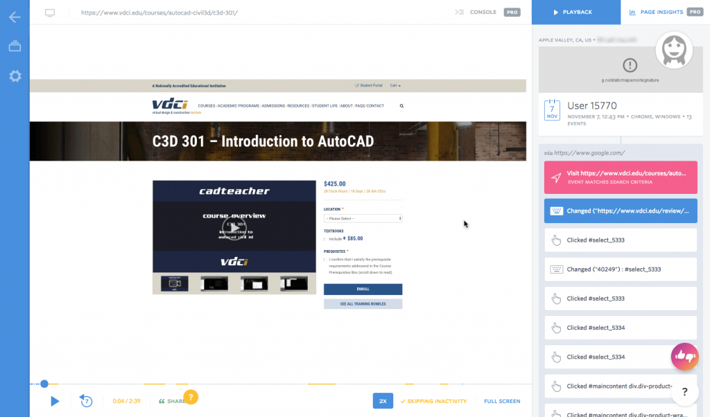 Screenshot of a FullStory session on VDCI's site.