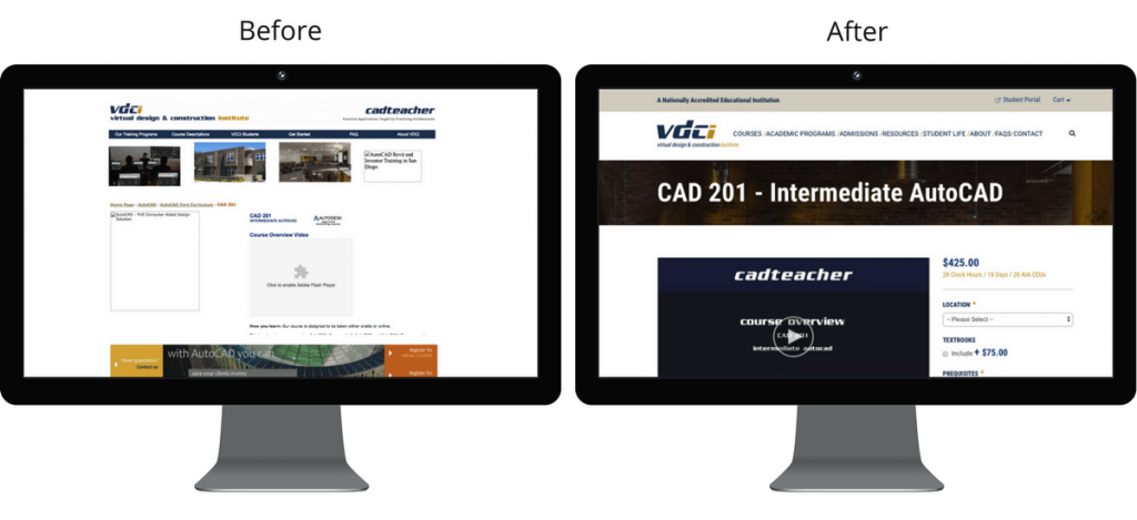 Before and after of VDCI's course page.