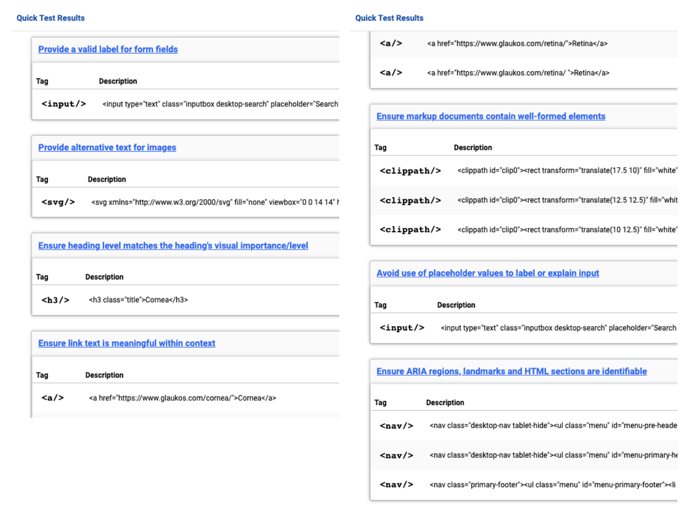 A screen capture of an access assistant report. Many accessibility fixes were found including providing alt text for SVG elements, providing  valid labels for form fields, and ensuring link is meaningful in context. 