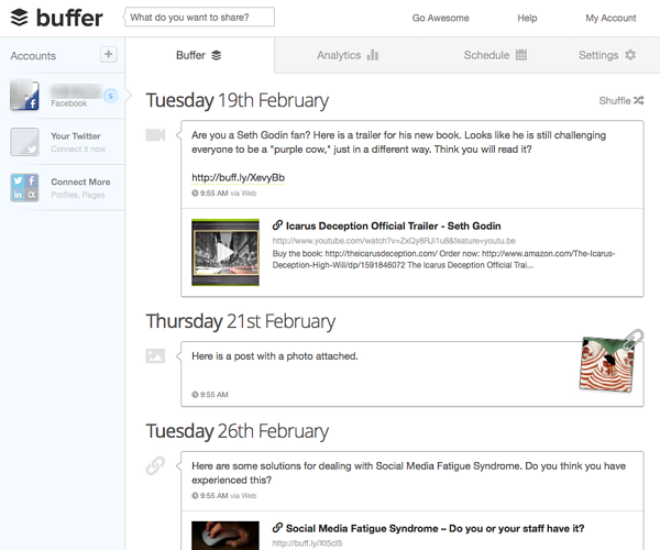 Example of BufferApp social media management