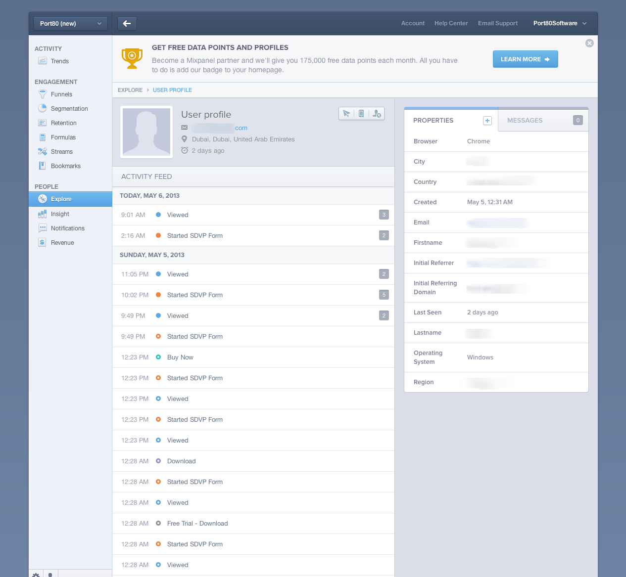 customer profile screen in MixPanel with detailed user activtity